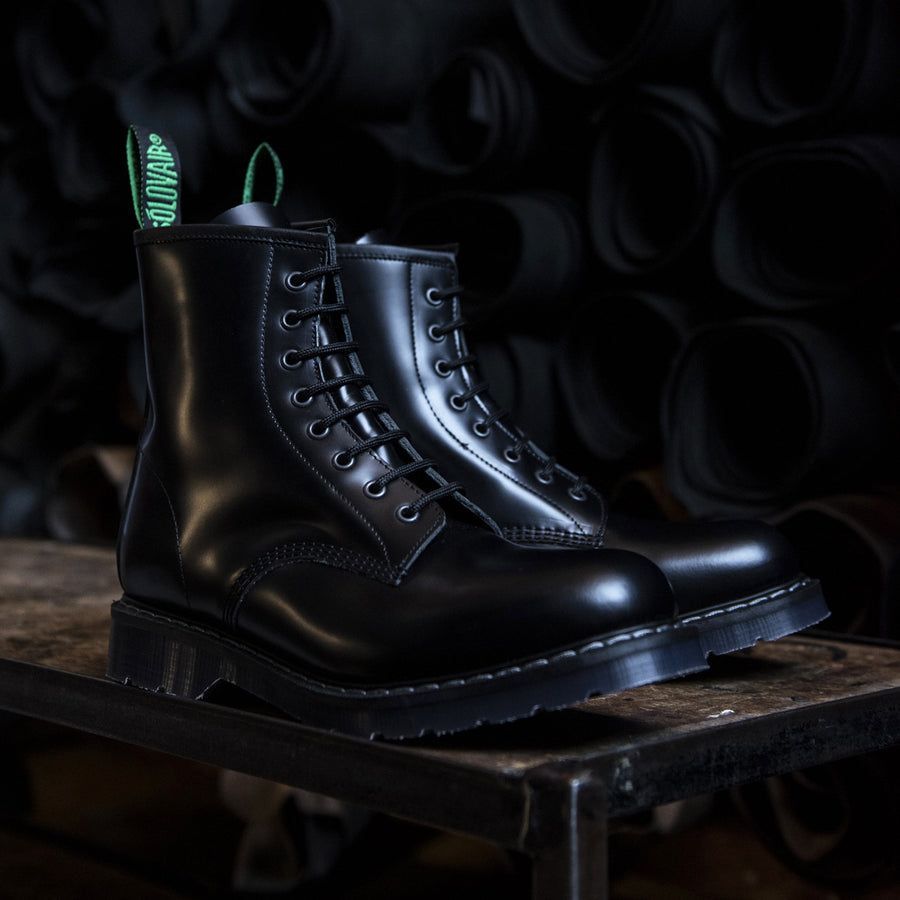 Solovair Hi Shine 8 Eye Derby Boot Black