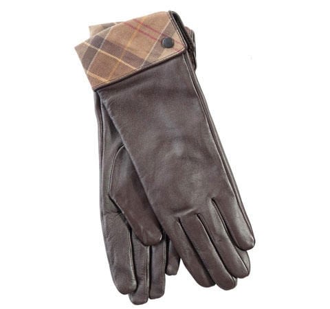 Barbour Lady Jane Tartan Leather Gloves Brown