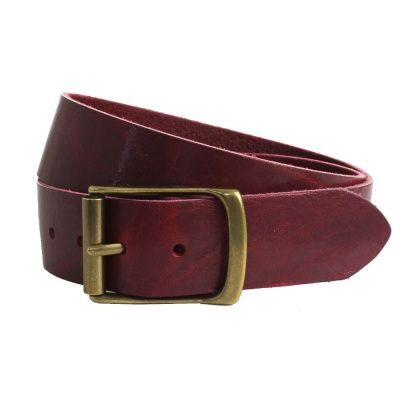 An image of a man's belt in maroon 